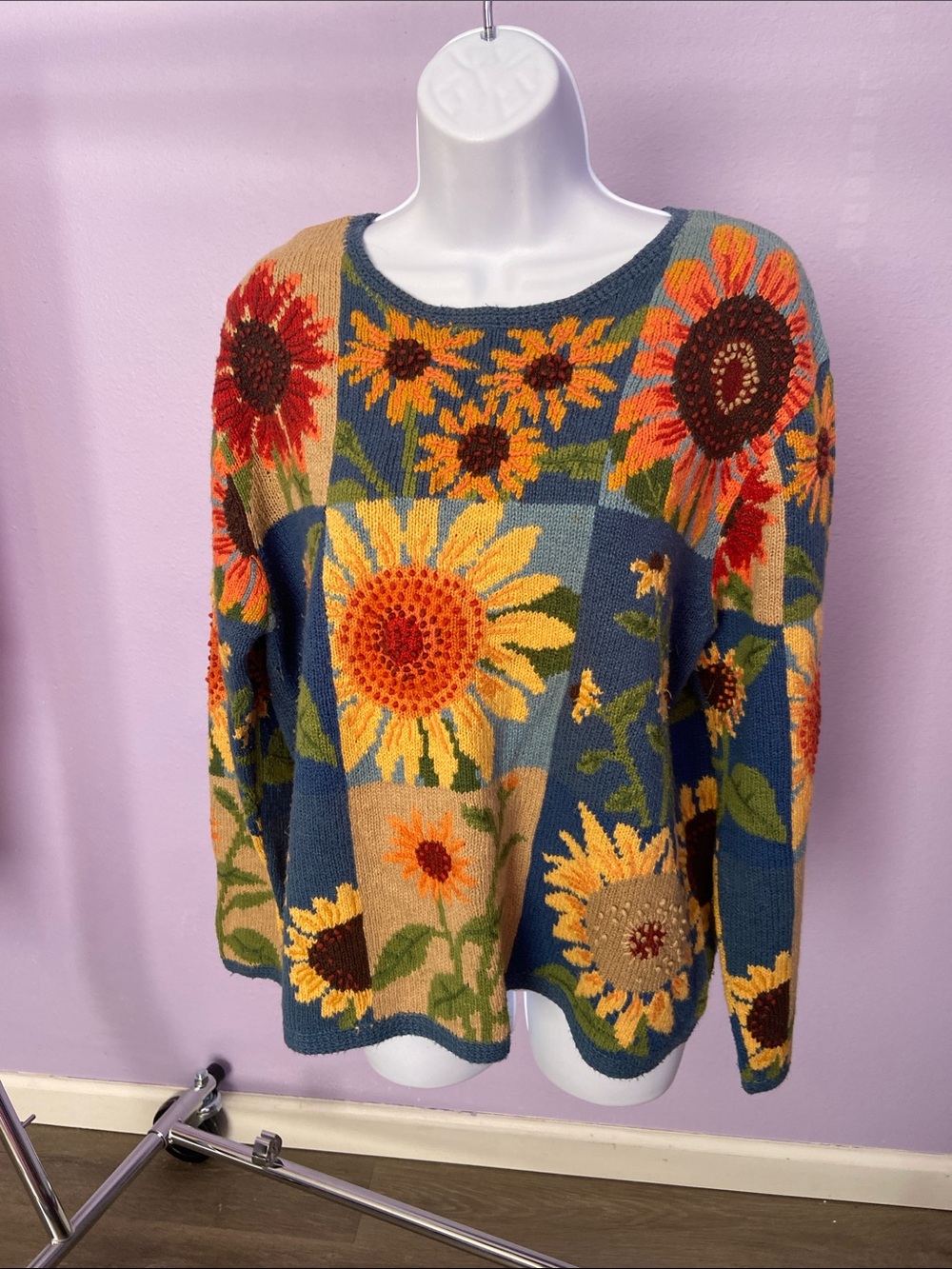 Vintage hand stitched Sunflower Patchwork Crewneck Sweater - by Northern Isles